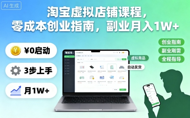 淘宝虚拟店铺课程,零成本创业指南,副业月入1W+-智通