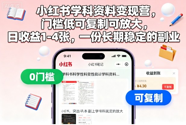 小红书学科资料变现营,门槛低可复制可放大,日收益1-4张,一份长期稳定的副业-智通